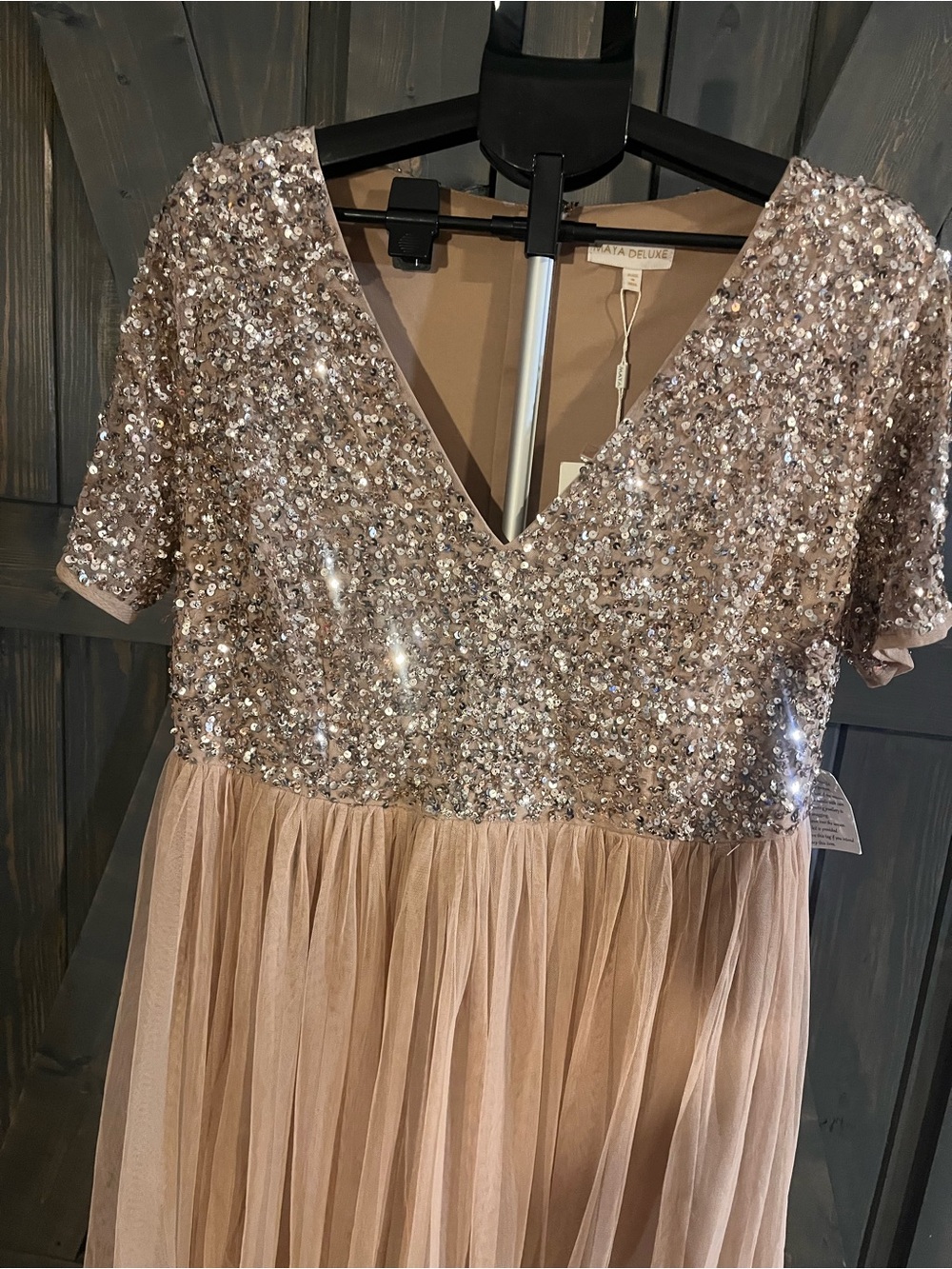 Sequin Bodice V-Neck Midi Dress in Rose Gold by Tahari ASL